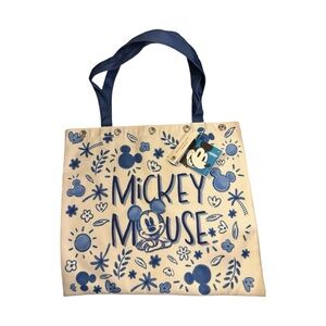Disney Cream & Blue Mickey Mouse Collectors Floral Canvas Tote Bag 💯% Cotton